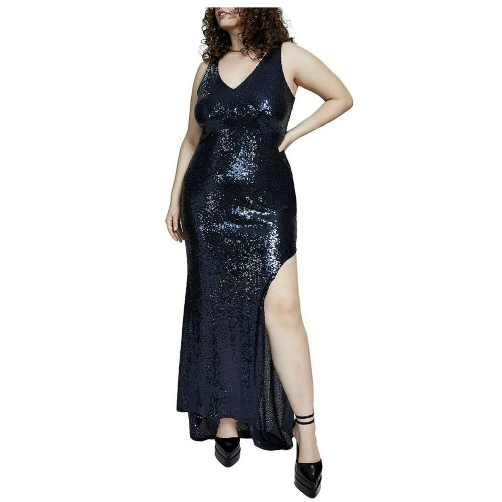 Navy Blue Sequined Evening Gown Sheer Side Panel Size 22W NEW